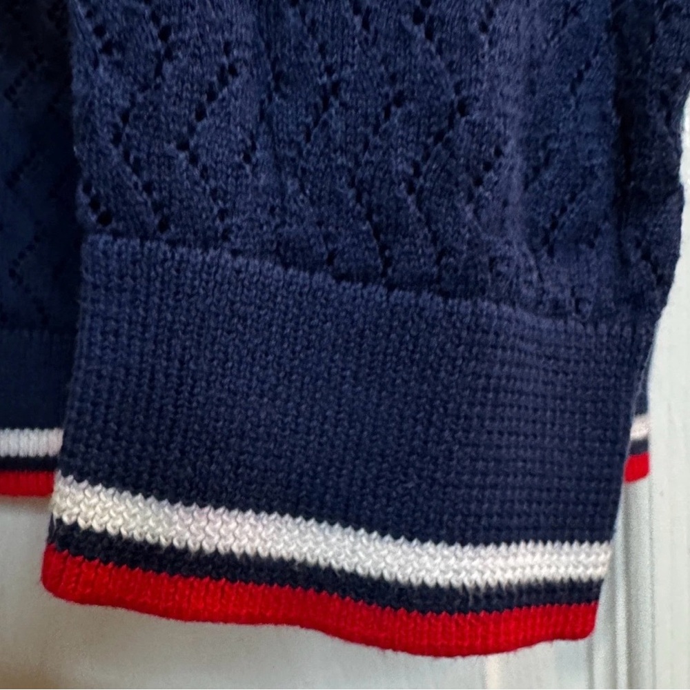 Lands' End Navy Knit Lace Cardigan Varsity Stripe Medium - Picture 8 of 10